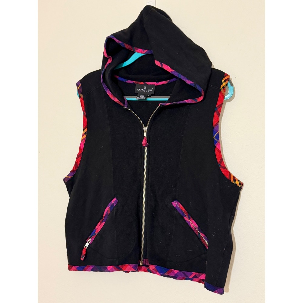Carole Little Sport Black Hooded Vest Plaid Trim Zip Pockets Cotton Large